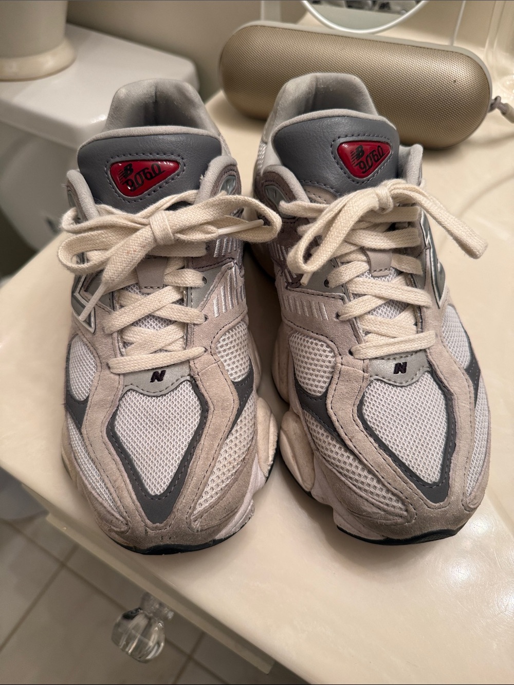 New Balance Grey and White Mesh Suede Athletic Sneakers - Picture 2 of 4